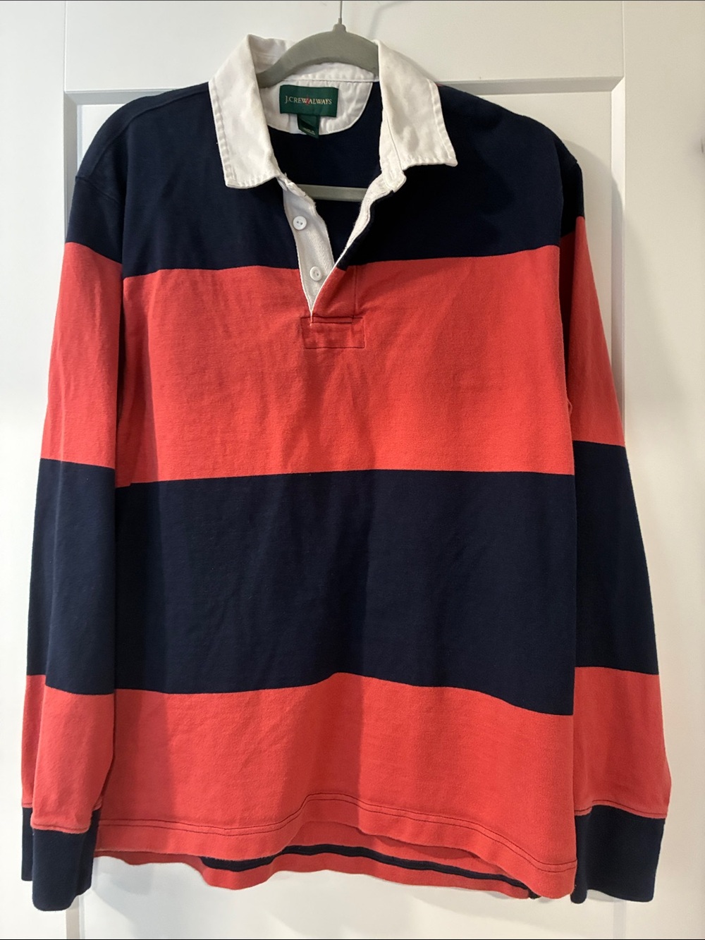 J. Crew Men’s Navy and Red Wide-Stripe Rugby Sweater